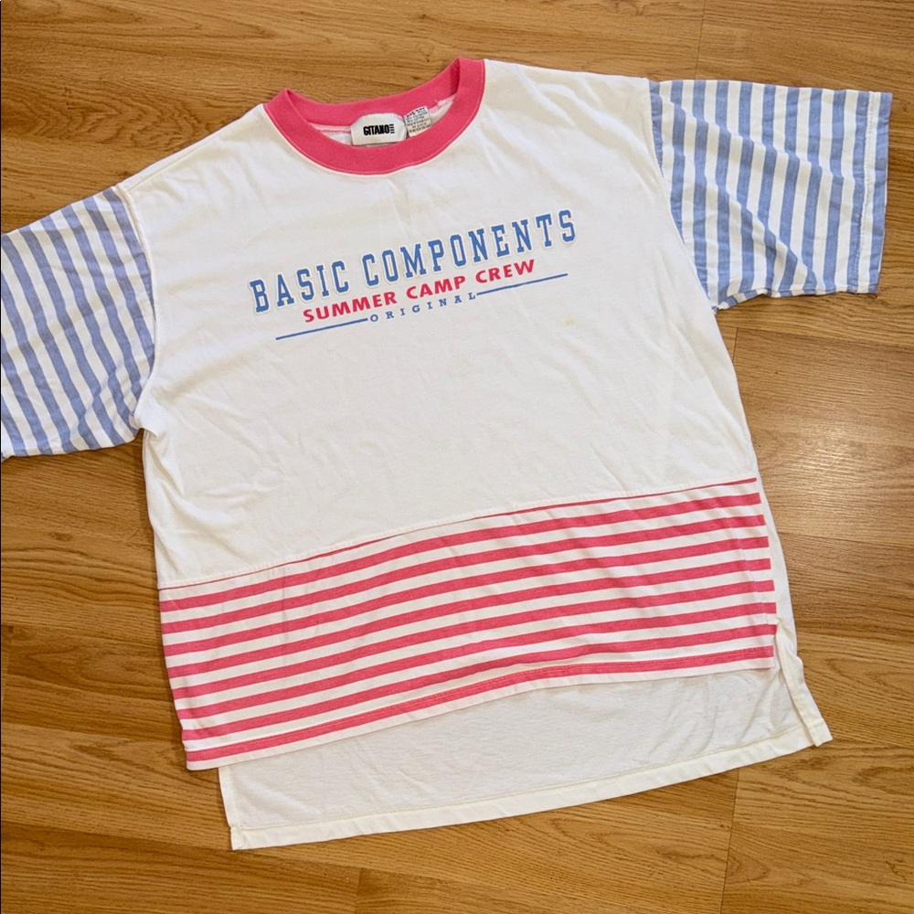 Vintage Gitano White & Pink Striped Tee 80s Style One Size 1980s